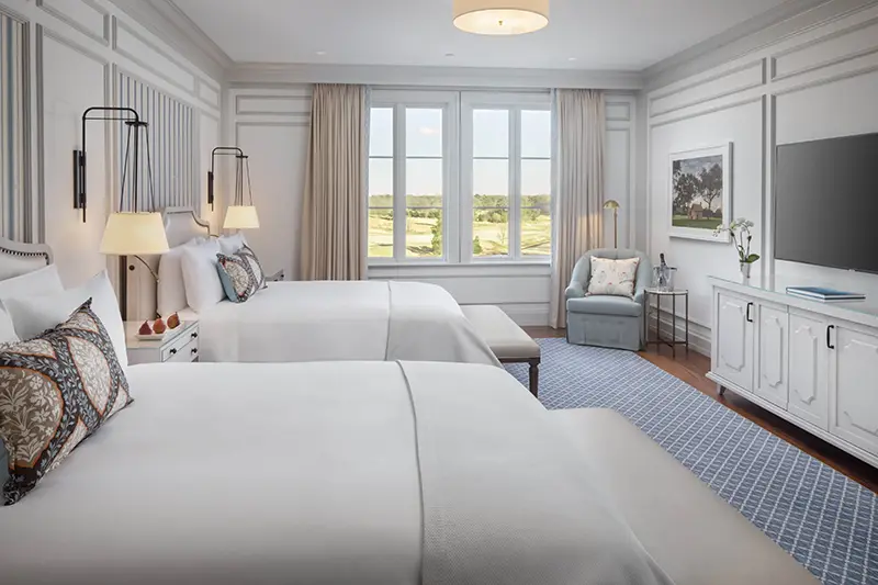 Keswick Hall Keswick Hall Double Queen Guest Room Golf Course View and Lounge Seating Luxury Hotel Interiors Keswick Virginia Resort Photography Greg Ceo Studio Retouching by Valentin Sivyakov