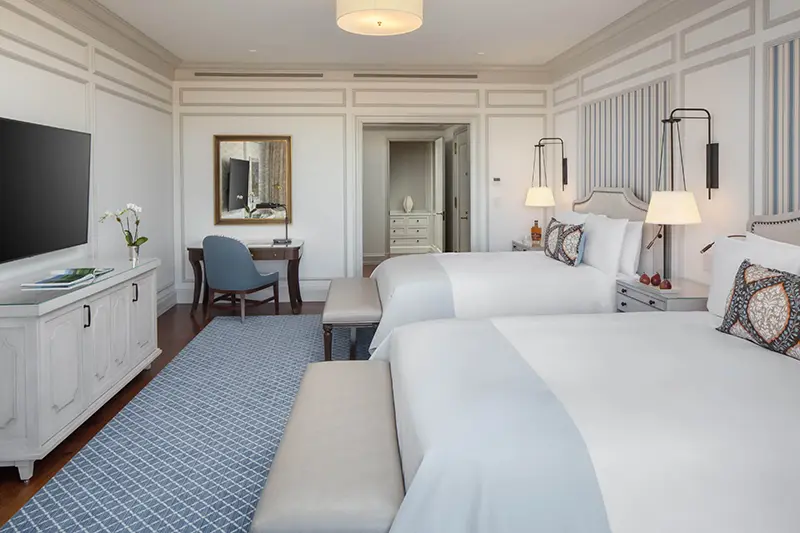 Keswick Hall Keswick Hall Double Queen Guest Room Writing Desk and Seating Luxury Hotel Interiors Keswick Virginia Resort Photography Greg Ceo Studio Retouching by Valentin Sivyakov