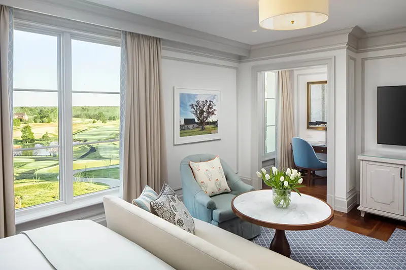 Keswick Hall Keswick Hall Guest Room Seating Area Golf Course View Luxury Resort Interior Photography Keswick Virginia Photography Greg Ceo Studio Retouching by Valentin Sivyakov