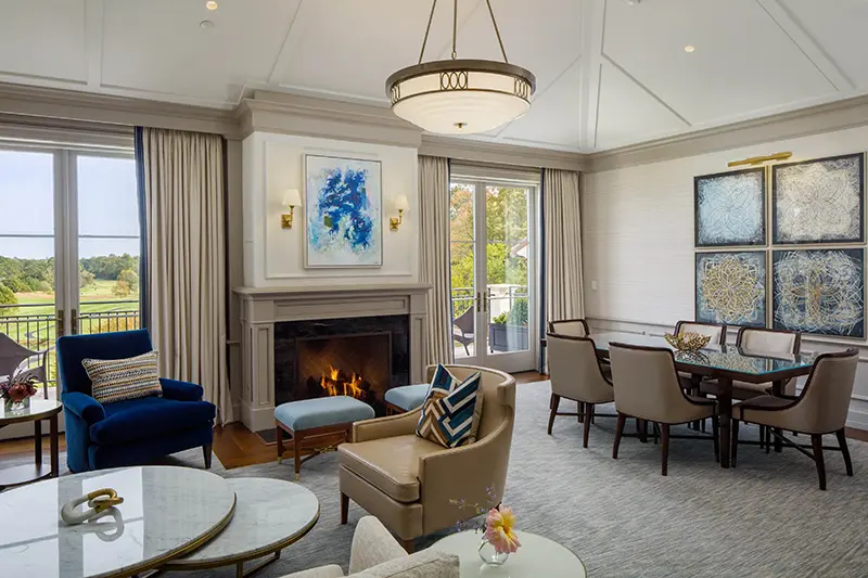 Keswick Hall Keswick Hall Luxury Suite Living Room Fireplace Balcony View Dining Area Keswick Virginia Photography Greg Ceo Studio Retouching by Valentin Sivyakov