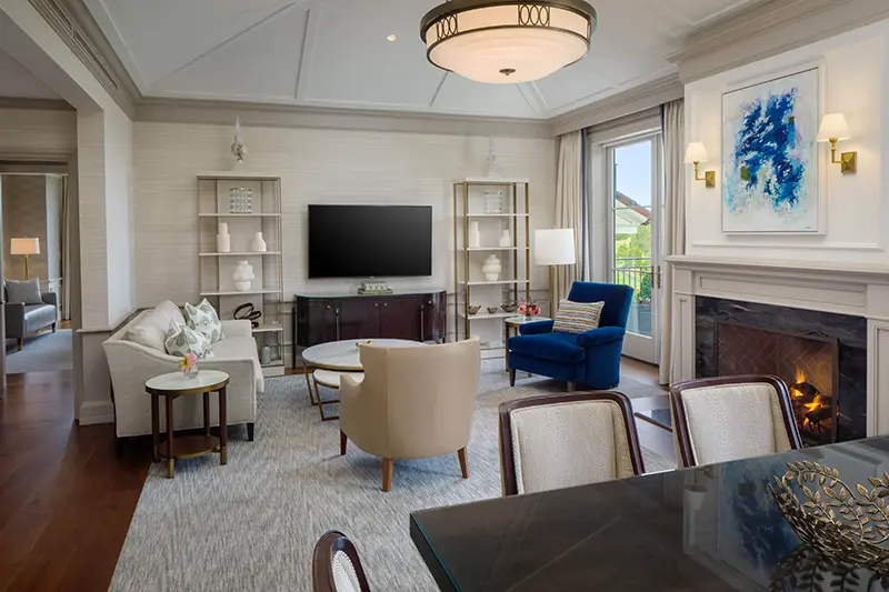 Keswick Hall Keswick Hall Suite Living Room Fireplace Modern Furnishings Balcony View Keswick Virginia Photography Greg Ceo Studio Retouching by Valentin Sivyakov