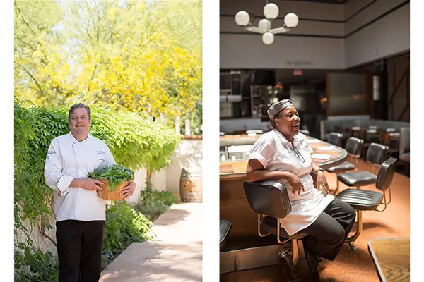 Chef de Cuisine Omni Montelucia Scottsdale AZ and Portrait of Chef Mashama Bailey at The Grey Savannah GA photography by Greg Ceo, photo edited by Valentin Sivyakov